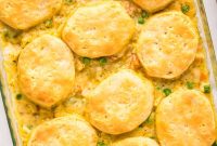 Creamy Chicken Pot Pie Casserole Topped with Golden Biscuits