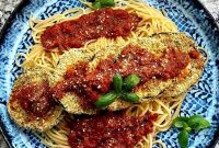 Crispy Vegan Eggplant Parmesan with Marinara and Cashew Mozzarella