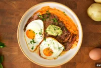 Steak with Mashed Potatoes and Fried Eggs – Classic Dinner Recipe