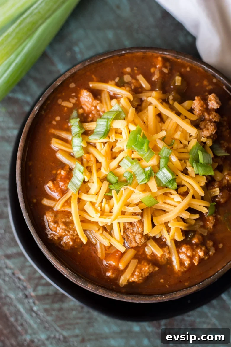 This hearty keto chili features tons of meat, peppers, spices and tomatoes!