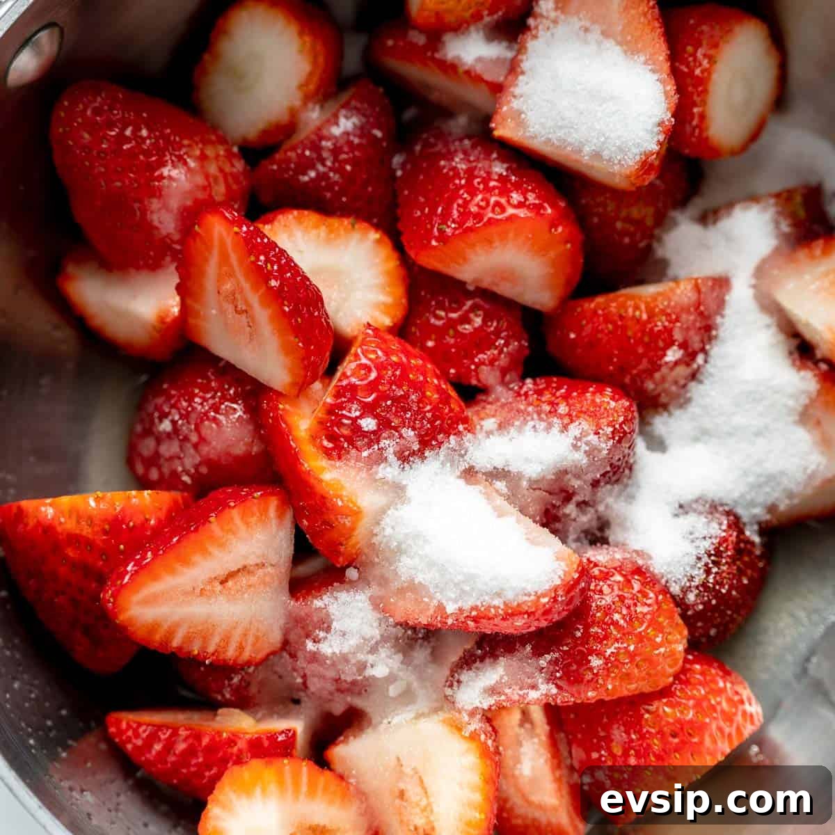 Homemade Strawberry Compote: Quick Recipe for Desserts 5 Sliced strawberries in a pot with sugar.