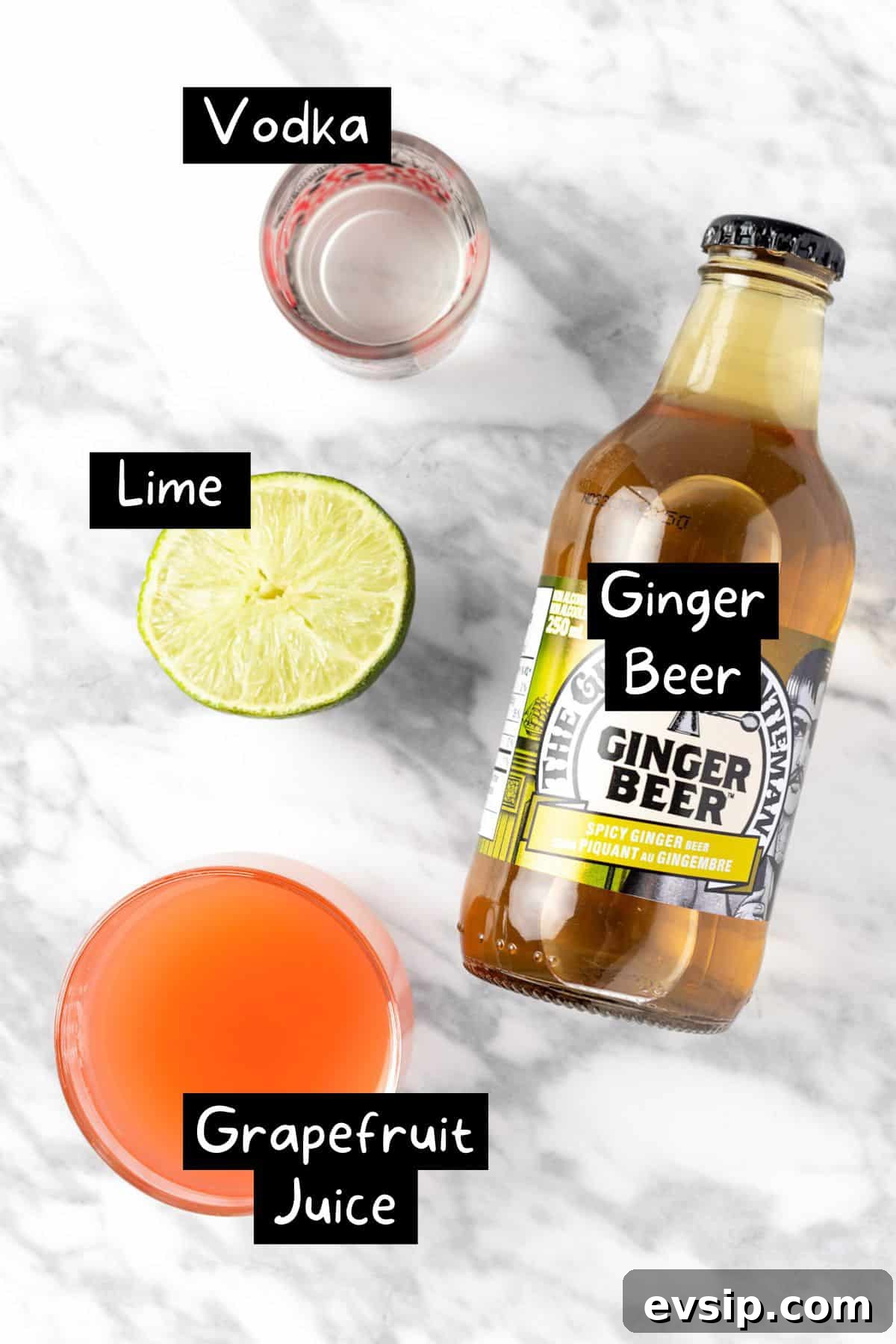 The ingredients needed to make the grapefruit mule.