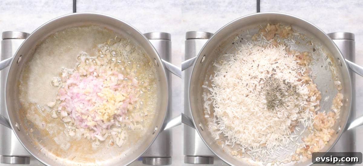 Cook onion and garlic. Then toast rice and thyme.