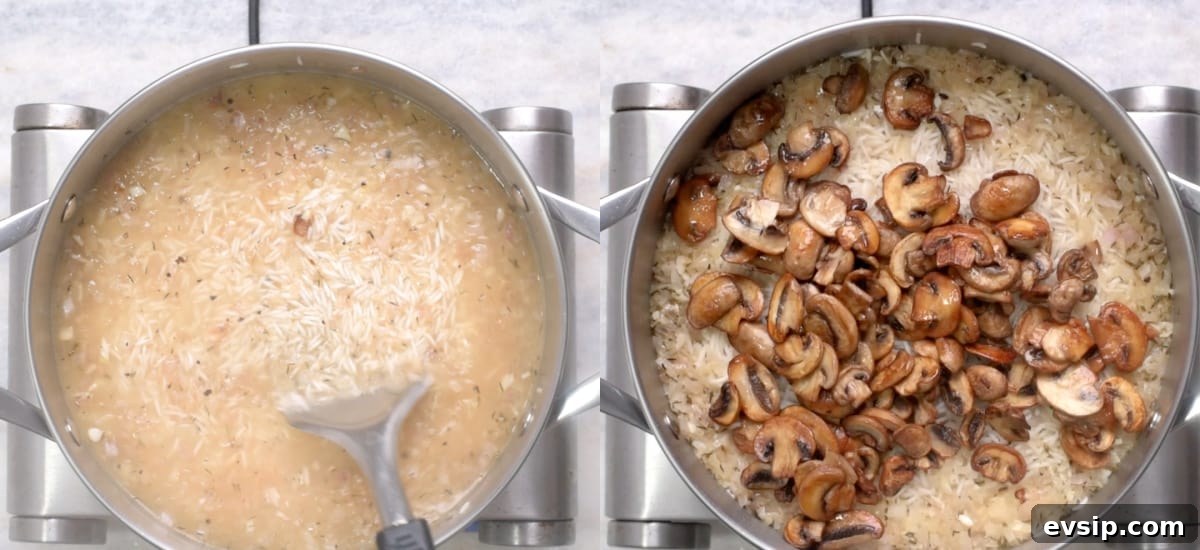 Add stock to rice and cook. Stir in caramelized mushroom half way through. 