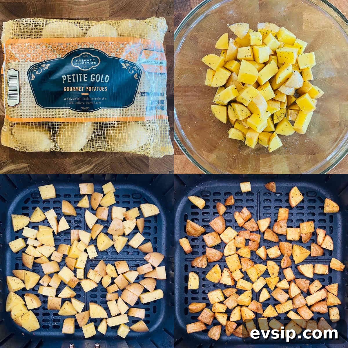 Crispy Air Fryer Diced Potatoes You’ll Love 4 process shots 1 through 4 to make diced potatoes in air fryer