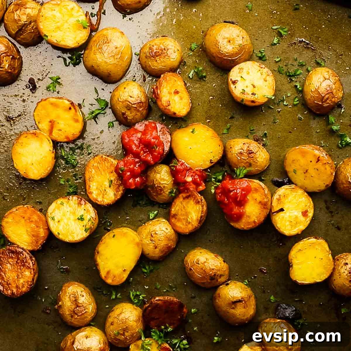 adding harissa paste and lemon juice on the roasted potatoes
