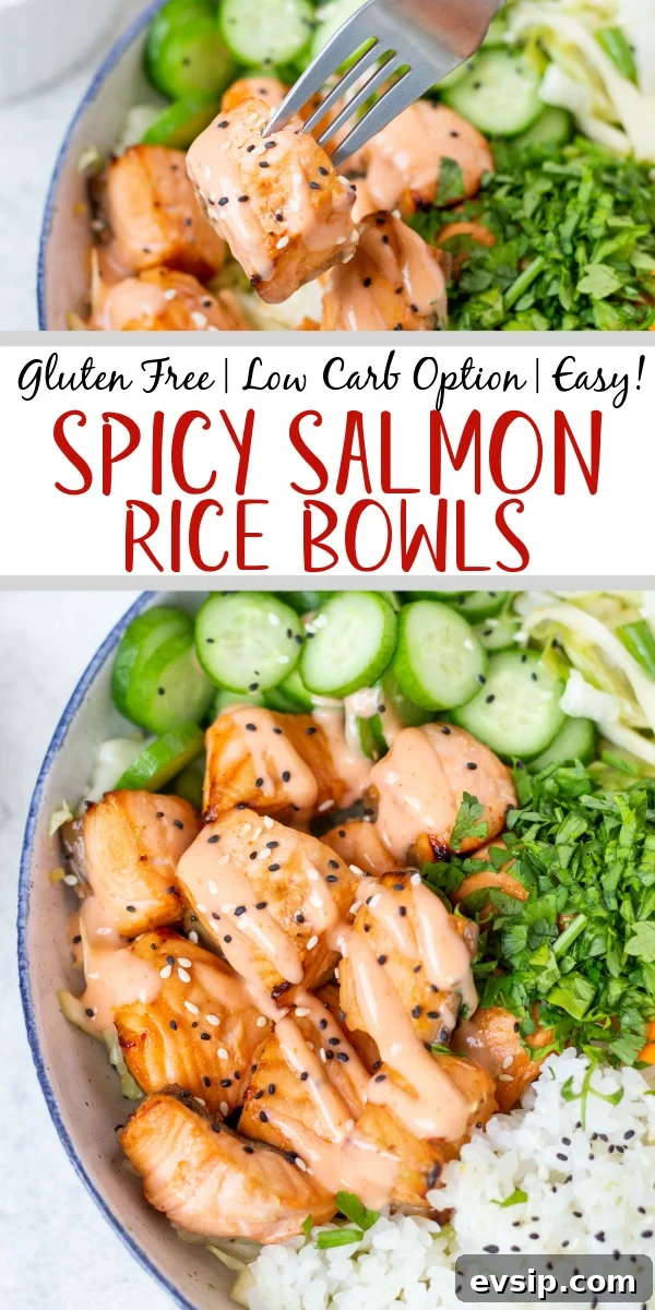 This spicy salmon bowl recipe is quick and easy to prepare and cook and comes together in about 30 minutes! It makes a filling and nutritious lunch or dinner, and is gluten free, dairy free and full of healthy fats from the salmon and vegetables from the spicy slaw. There are many ways to customize your salmon rice bowl to make it taste like a new lunch every day! #spicysalmonbowl #salmonricebowl #salmonrecipes