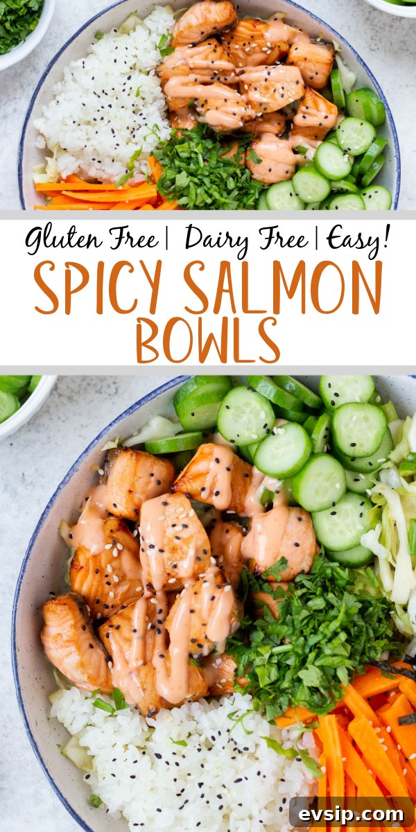 This spicy salmon bowl recipe is quick and easy to prepare and cook and comes together in about 30 minutes! It makes a filling and nutritious lunch or dinner, and is gluten free, dairy free and full of healthy fats from the salmon and vegetables from the spicy slaw. There are many ways to customize your salmon rice bowl to make it taste like a new lunch every day!