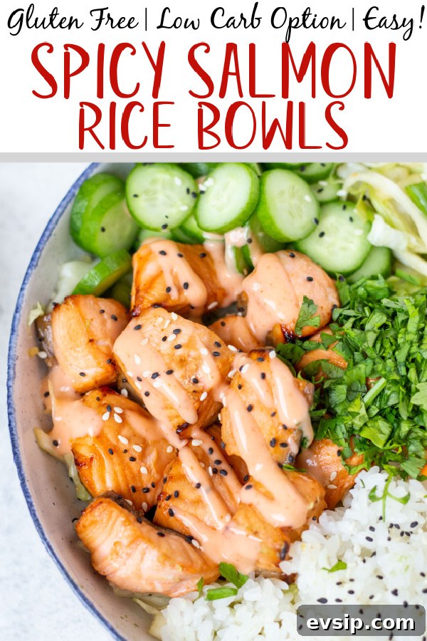 This spicy salmon bowl recipe is quick and easy to prepare and cook and comes together in about 30 minutes! It makes a filling and nutritious lunch or dinner, and is gluten free, dairy free and full of healthy fats from the salmon and vegetables from the spicy slaw. There are many ways to customize your salmon rice bowl to make it taste like a new lunch every day!