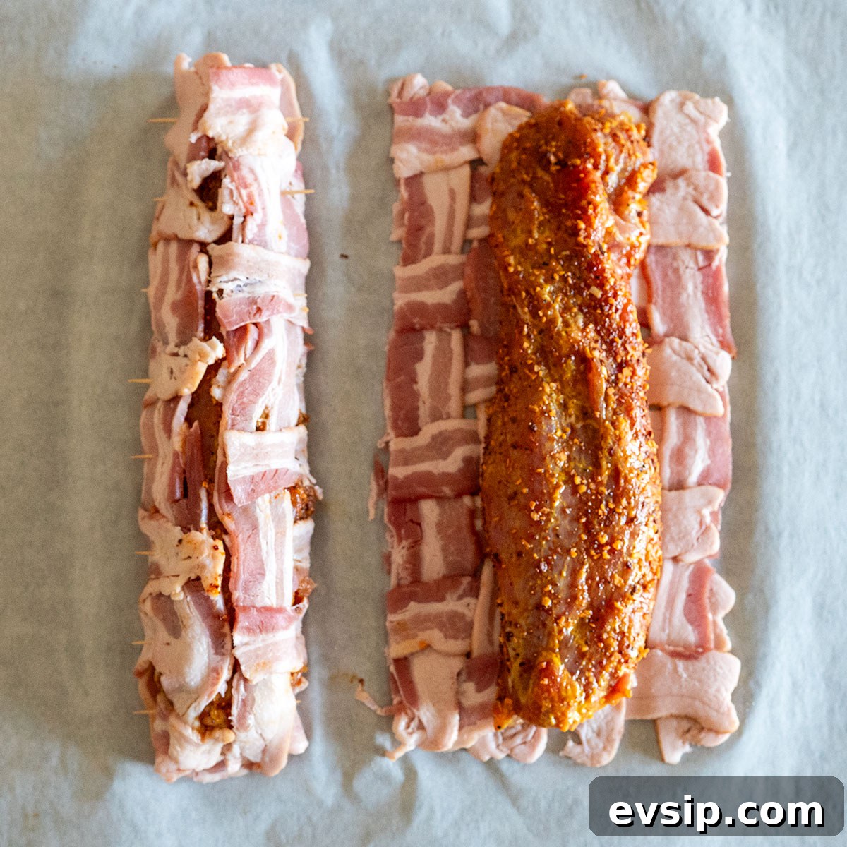 bacon weave wrapped around pork tenderloin secured with toothpicks.
