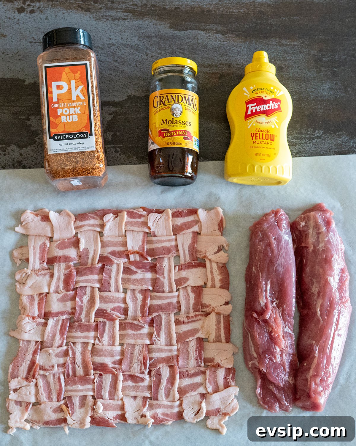 bacon weave, pork tenderloin, pork rub, molasses, mustard.
