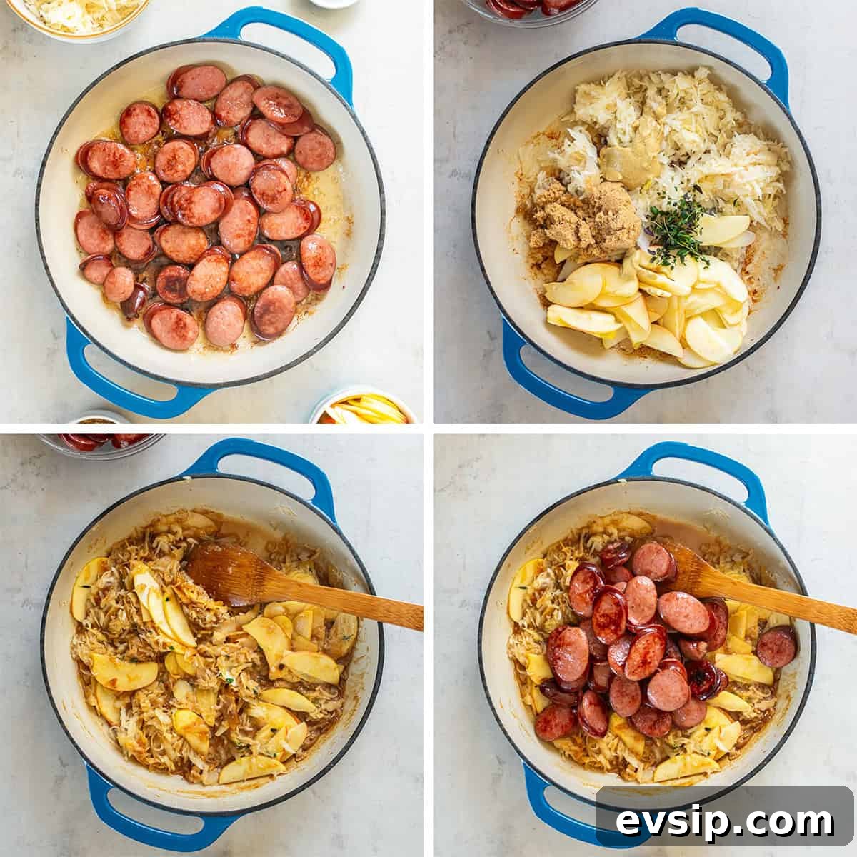 Four images of kielbasa, apples, and sauerkraut cooking in a skillet.