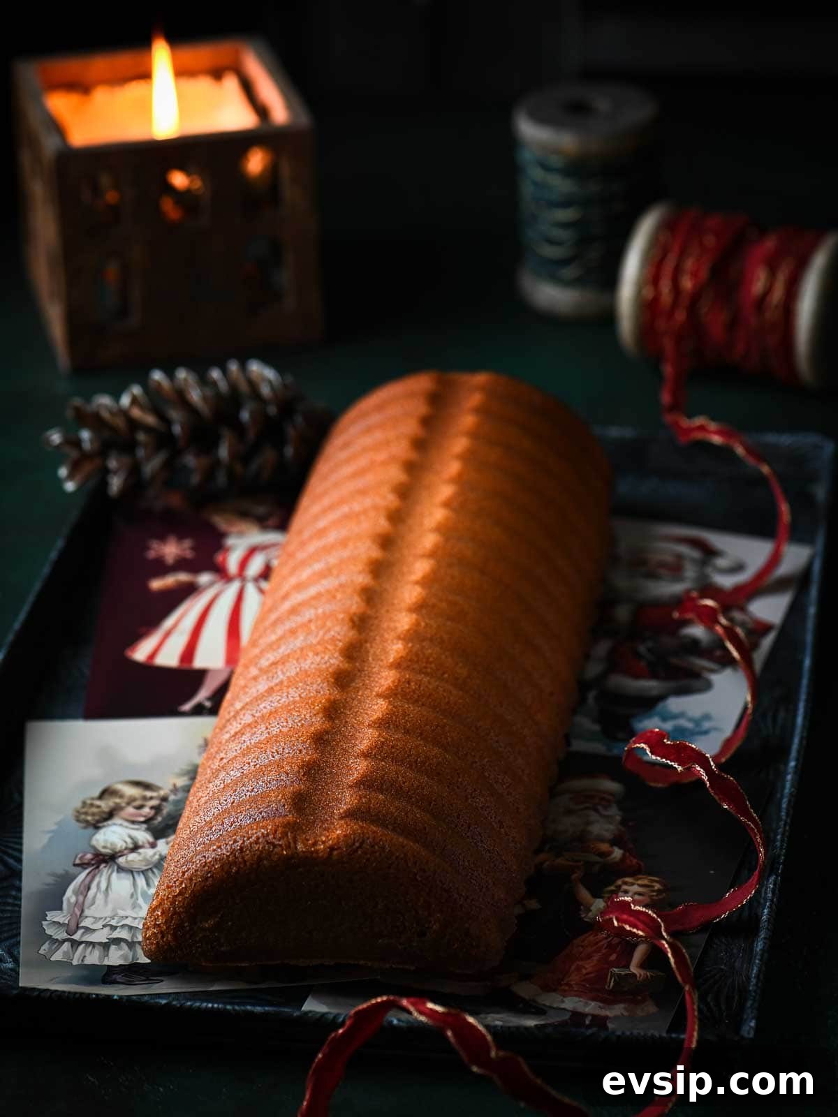 Moody picture of an almond cake with no decorations highlighting the ridges of the cake.