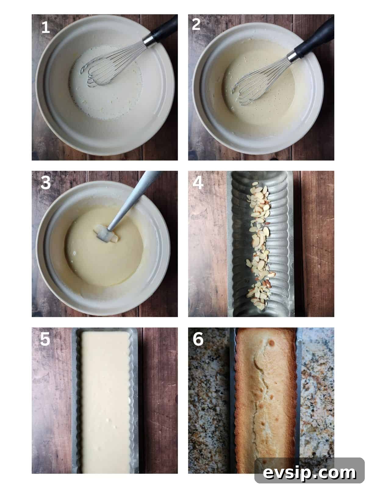 A six picture collage showing how to make an almond cake in one bowl.