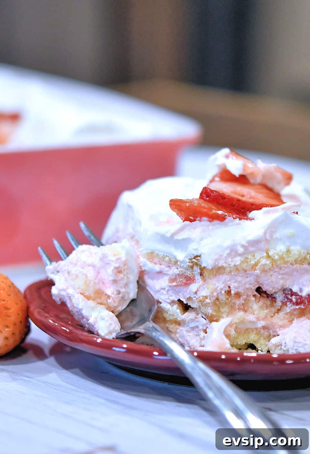 Almond Pound Cake Made Without Egg Yolks – Moist Recipe 7 red plate with strawberry tiramisu, layered strawberry dessert
