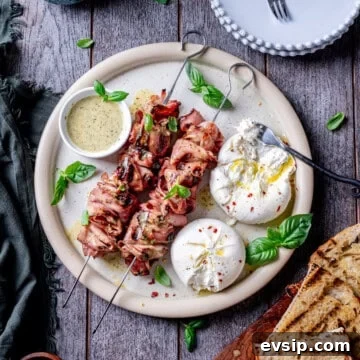 Grilled Mortadella Skewers with Burrata & Italian Herb Sauce
