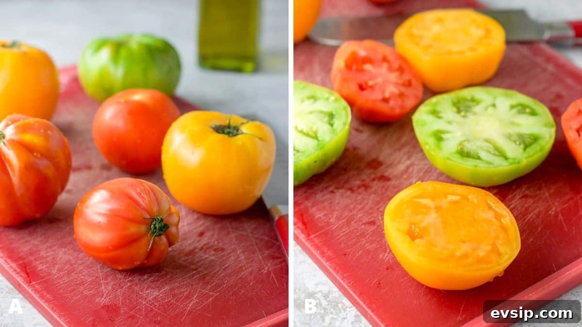 Sweet Baked Tomatoes with Honey-Glazed Juiciness 5 Left - tomatoes on a red cutting board. Right - tomatoes cut in half on the board