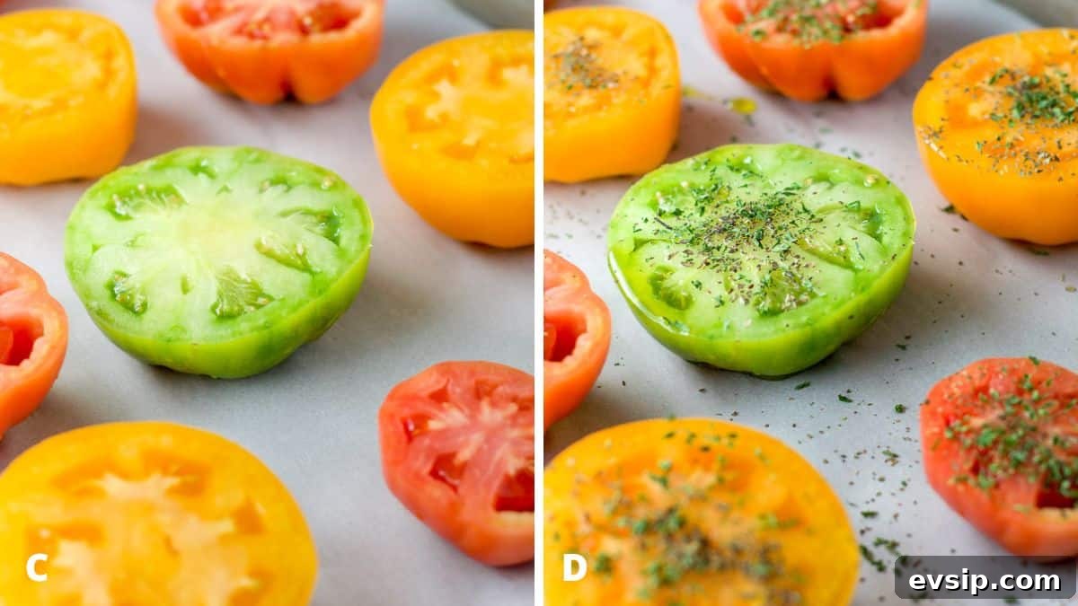 Sweet Baked Tomatoes with Honey-Glazed Juiciness 6 The tomato halves on a pan with parchment paper and then herbs and oil on top