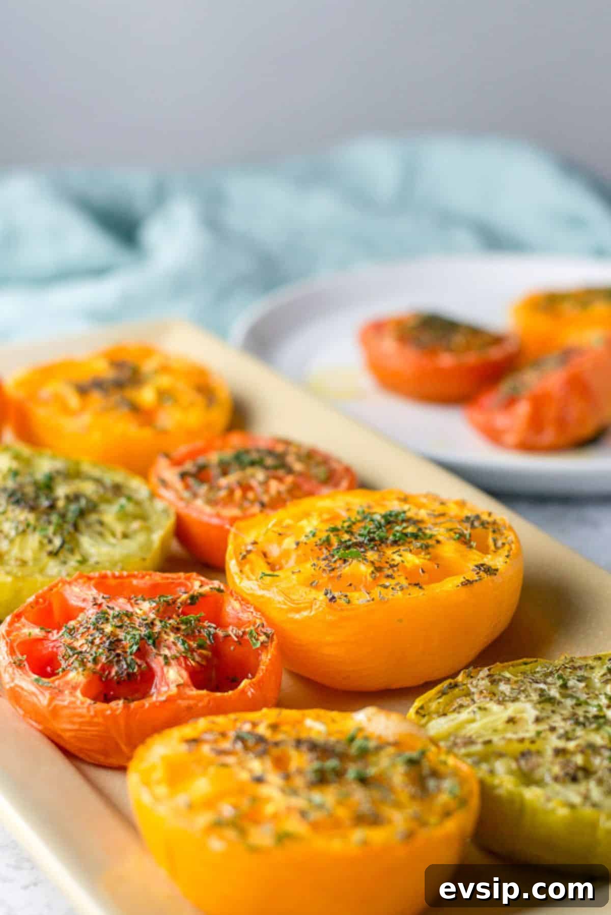 Sweet Baked Tomatoes with Honey-Glazed Juiciness 7 Tomato halves with oil and herbs on it