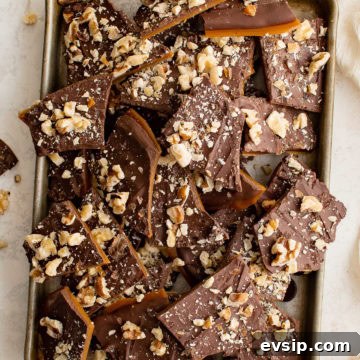 Overhead view of English toffee on a tray.
