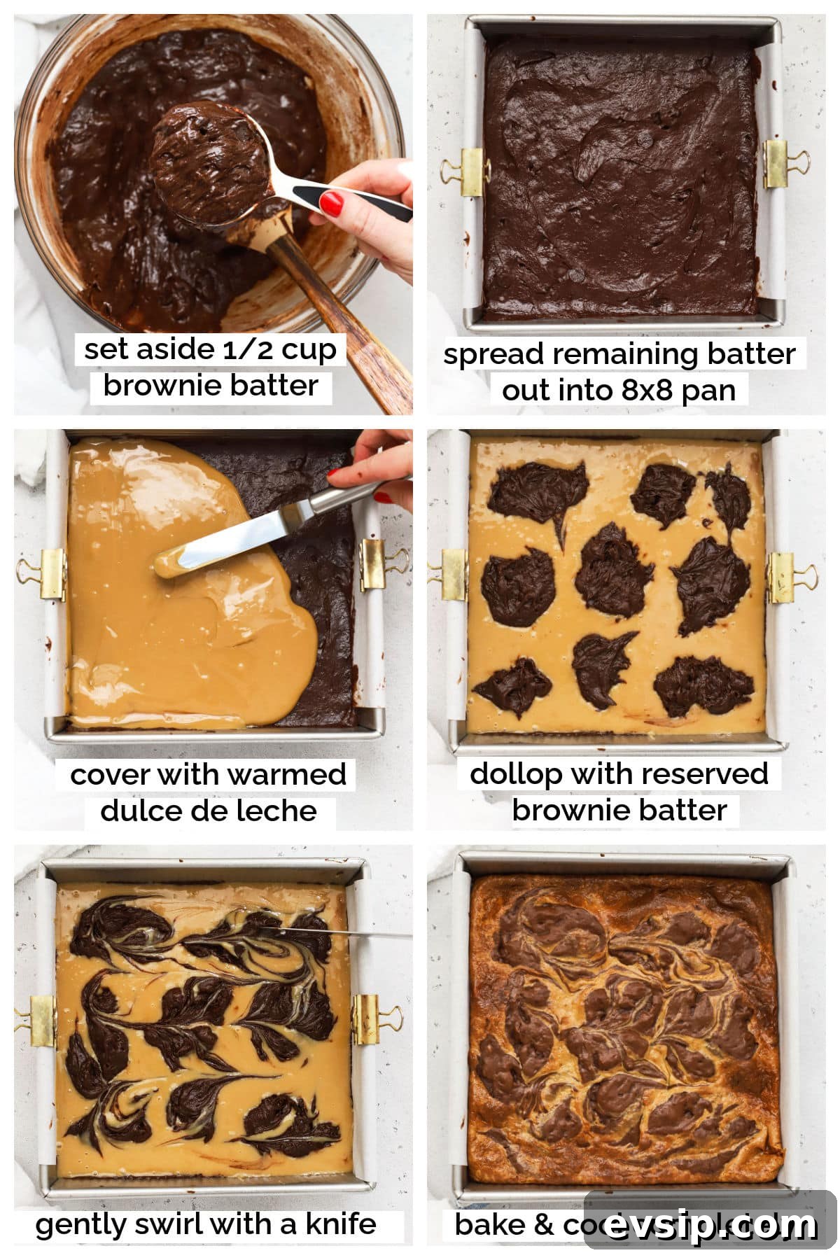 layering gluten-free dulce de leche brownies step by step