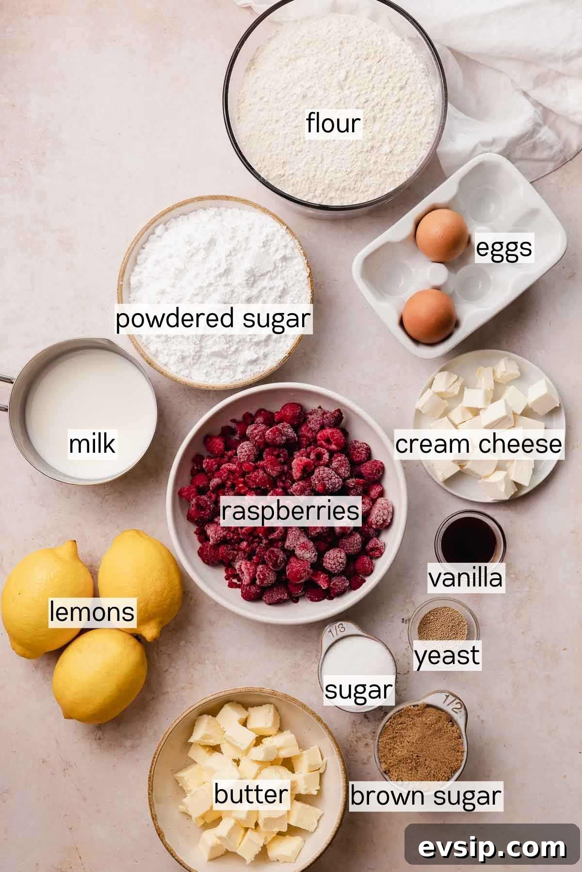 Gooey Raspberry Rolls Recipe: Soft, Homemade Pastry 4 ingredients for raspberry rolls in bowls