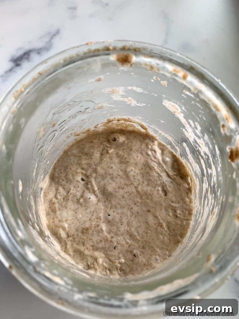 Create and Maintain a Sourdough Starter at Home 6 A glass container of bubbly liquid.