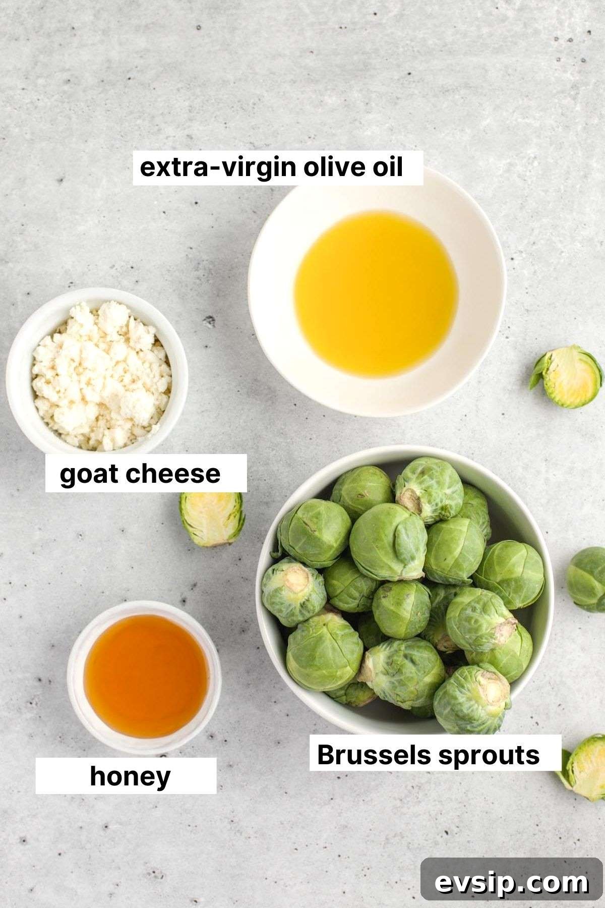 Roasted Brussels Sprouts with Goat Cheese and Honey Glaze 3 Labeled ingredients for Brussels sprouts with goat cheese and honey.
