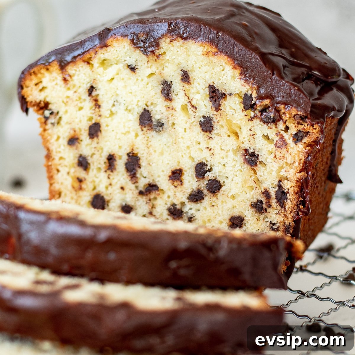 chocolate chip pound cake loaf sliced on a tray