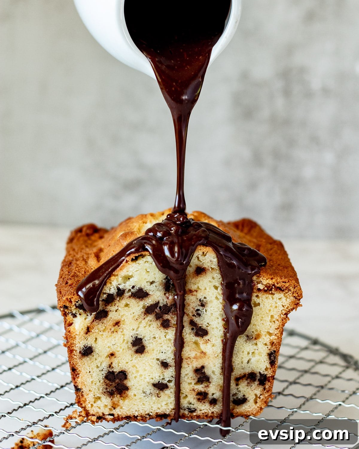chocolate chip loaf cake with chocolate ganache