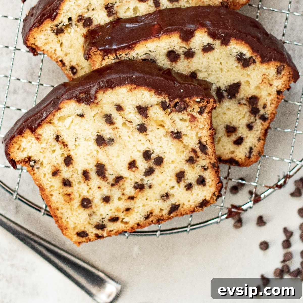 slices of chocolate chip loaf cake on a tray