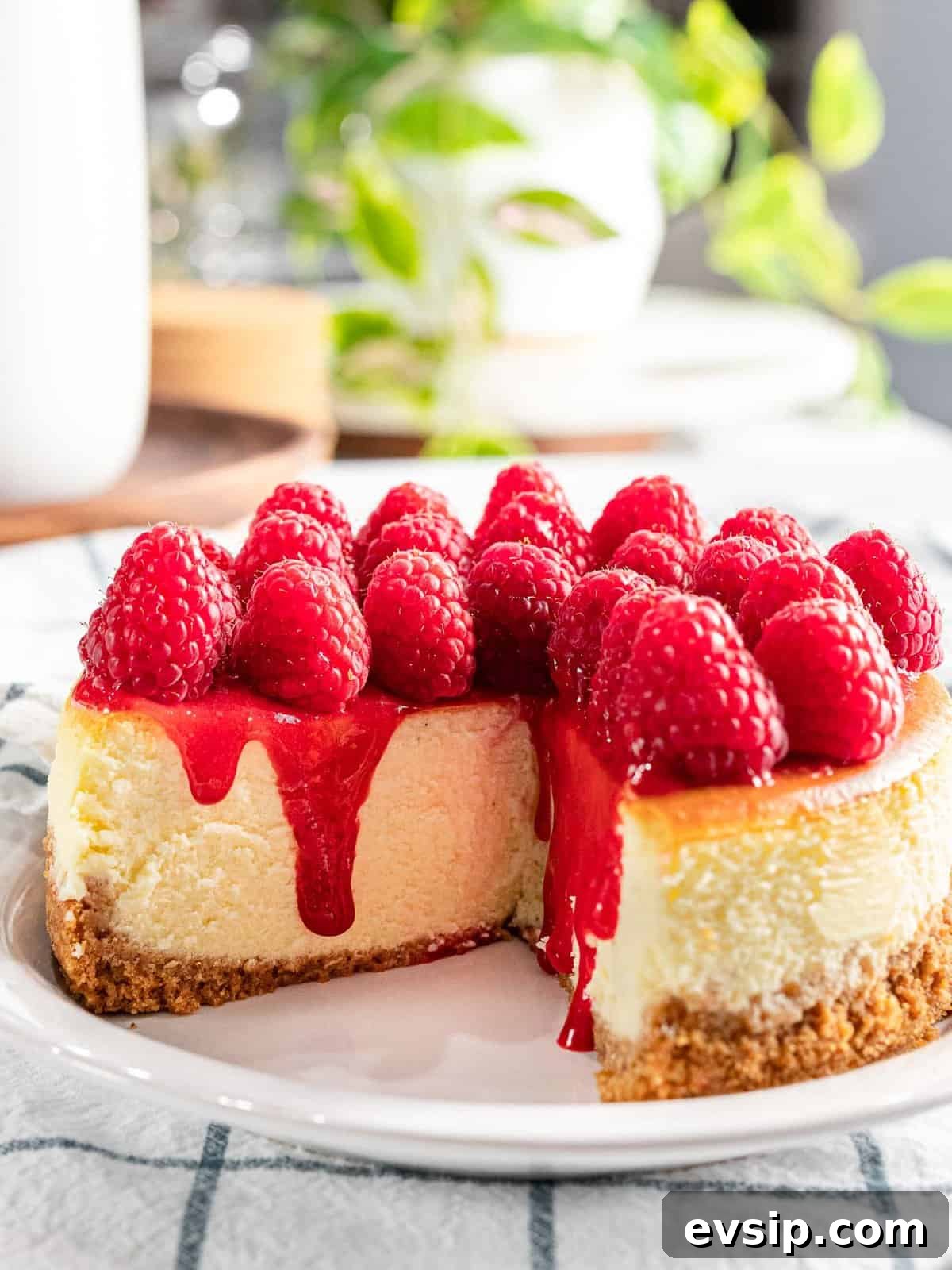 Silky Raspberry Cheesecake Recipe with Fresh Berry Glaze 2 Raspberry cheesecake with raspberry sauce and fresh raspberries.