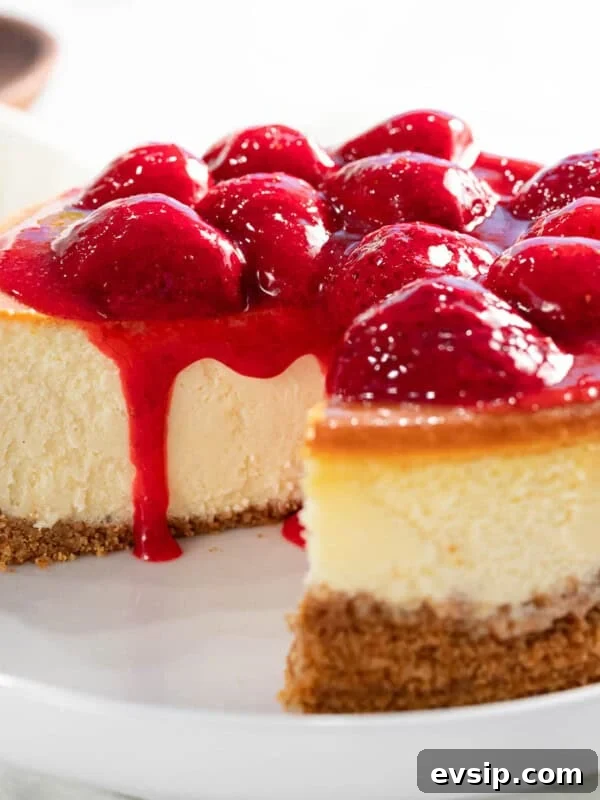 Silky Raspberry Cheesecake Recipe with Fresh Berry Glaze 12 Strawberry cheesecake with strawberry topping flowing down the sides.