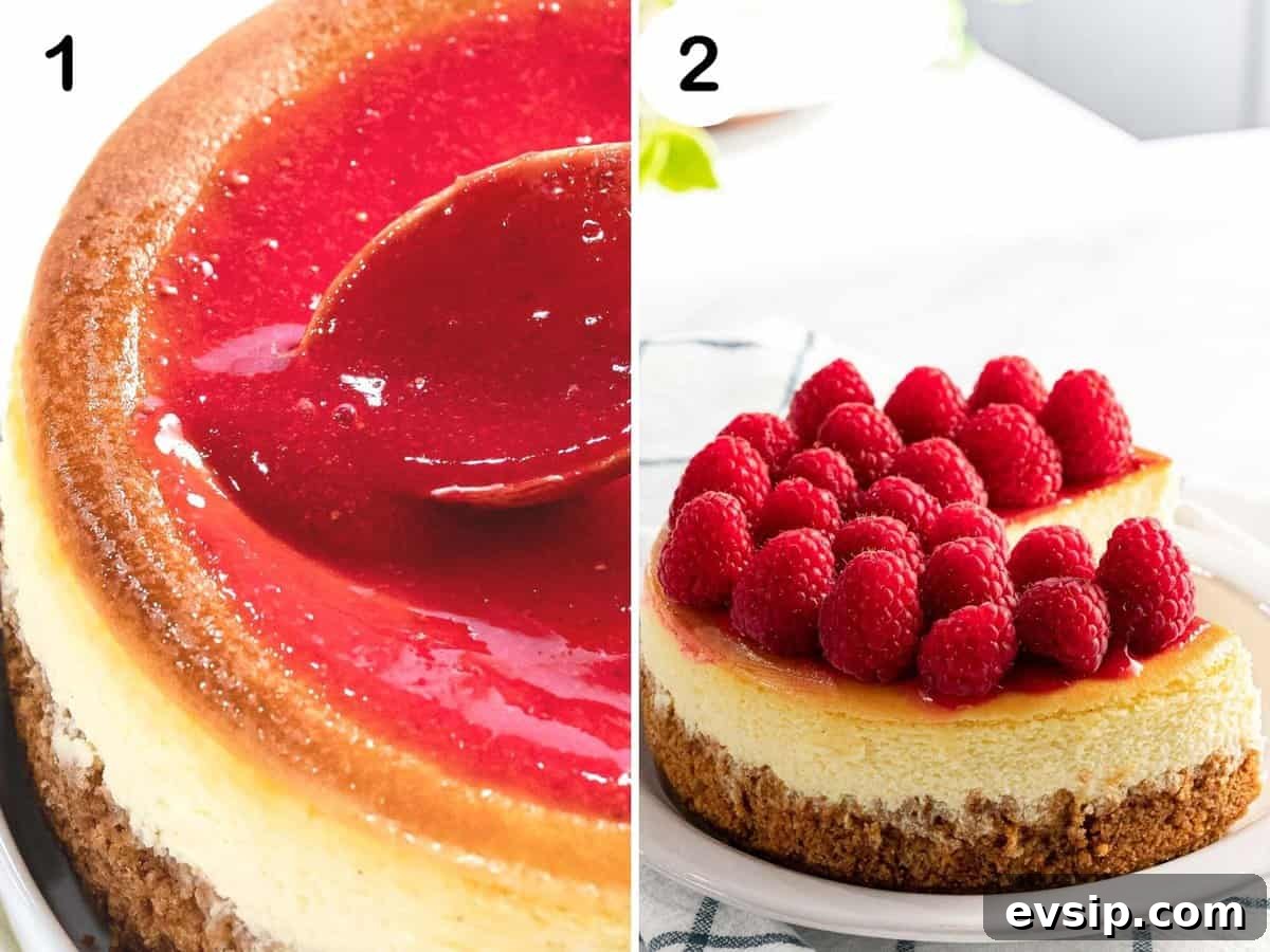 Silky Raspberry Cheesecake Recipe with Fresh Berry Glaze 9 Raspberry sauce added to cheesecake with fresh raspberries.