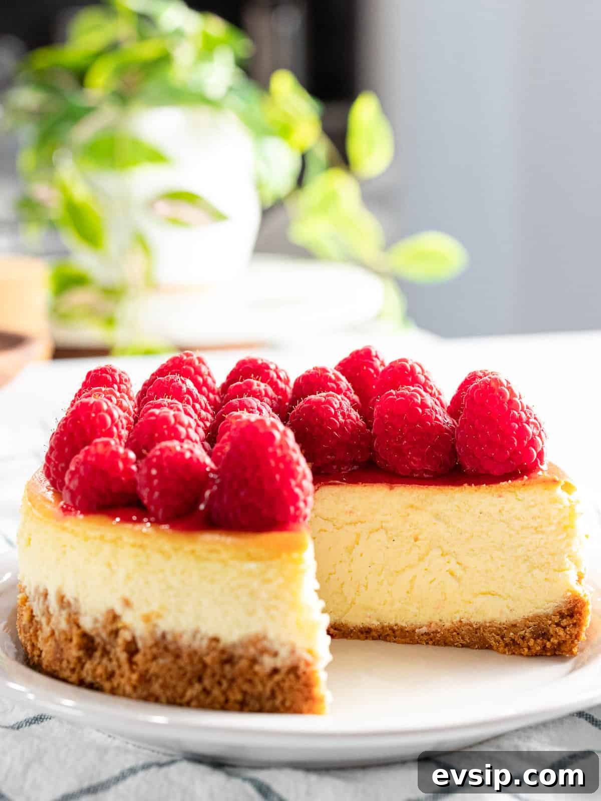 Silky Raspberry Cheesecake Recipe with Fresh Berry Glaze 10 Raspberry cheesecake with fresh raspberry topping.