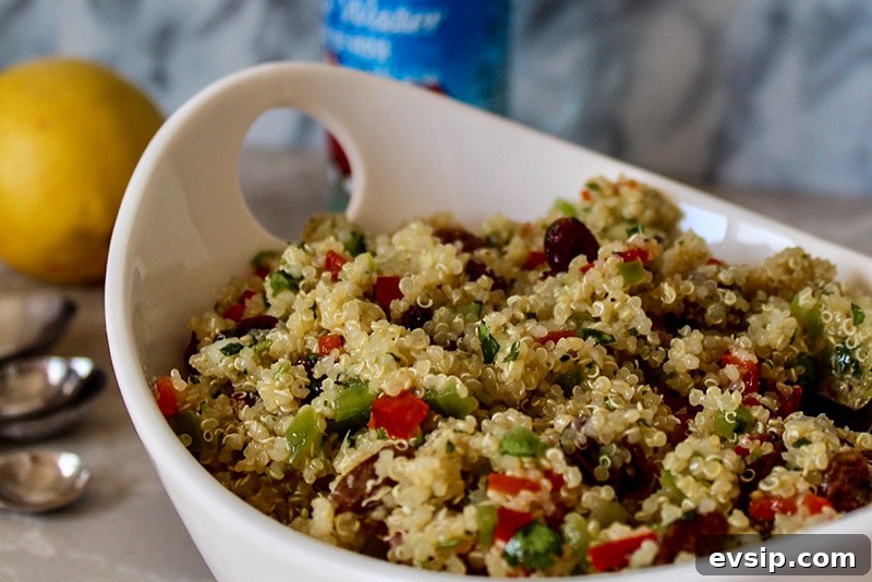 a close up of a big bowl filled with quinoa salad with fresh vegetables and raisins