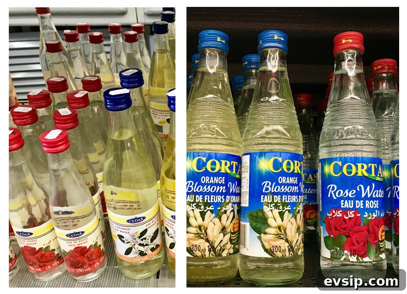 two photos of bottles of orange flower water and rose water
