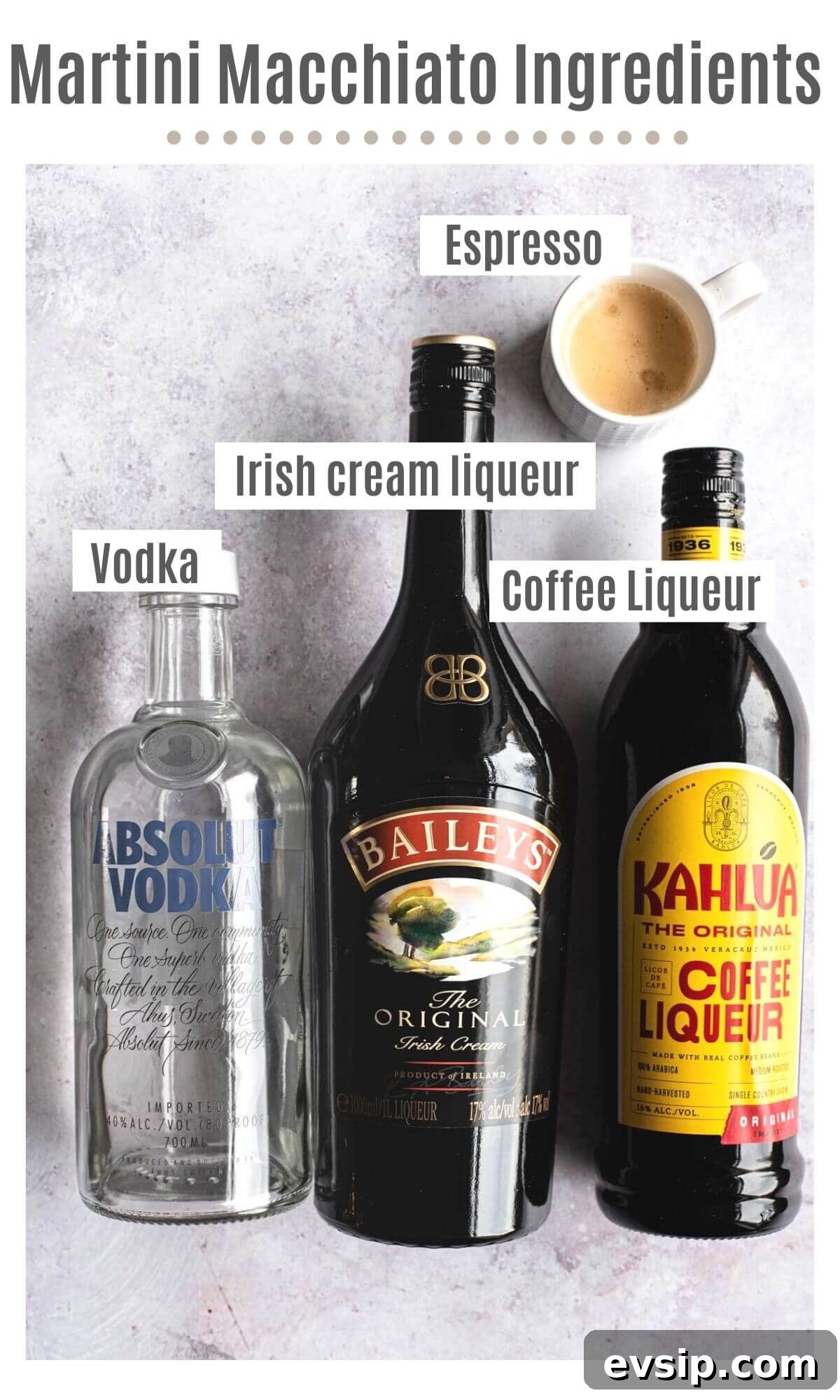 An overhead shot of all the ingredients you need to make a Martini Macchiato cocktail