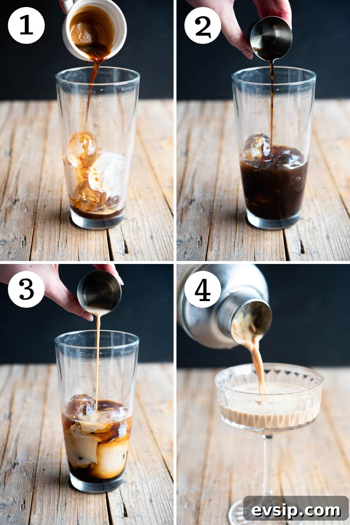Step by step photos showing how to make a martini macchiato cocktail