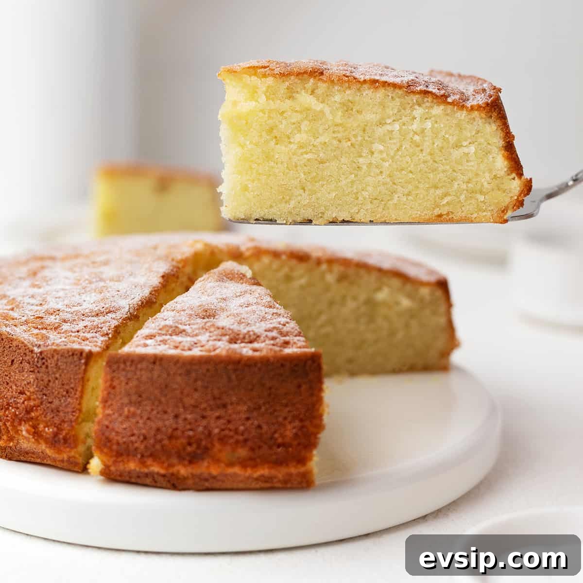 Sliced oil sponge cake with a slice on a cake server.