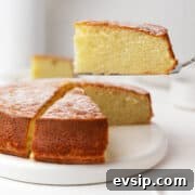 Sliced oil sponge cake with a slice on a cake server.