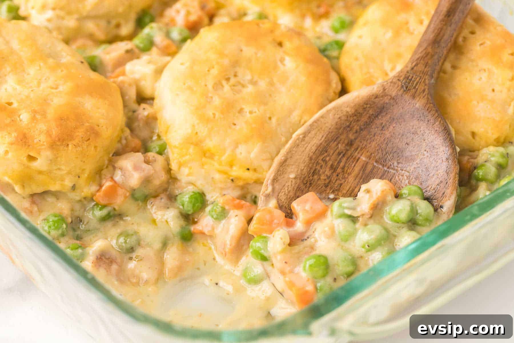 Easy chicken pot pie casserole with biscuits