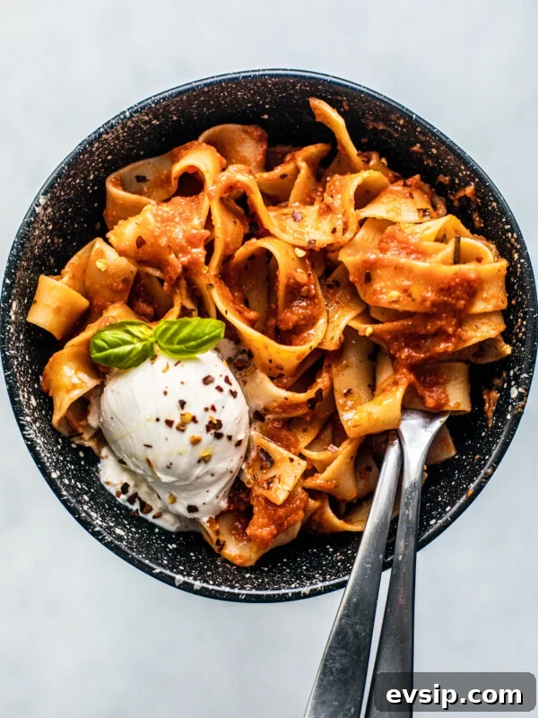 Lemon Shrimp Pasta al Limone — Creamy Citrus Pasta Recipe 10 Black speckled bowl full of pappardelle and a scoop of burrata.