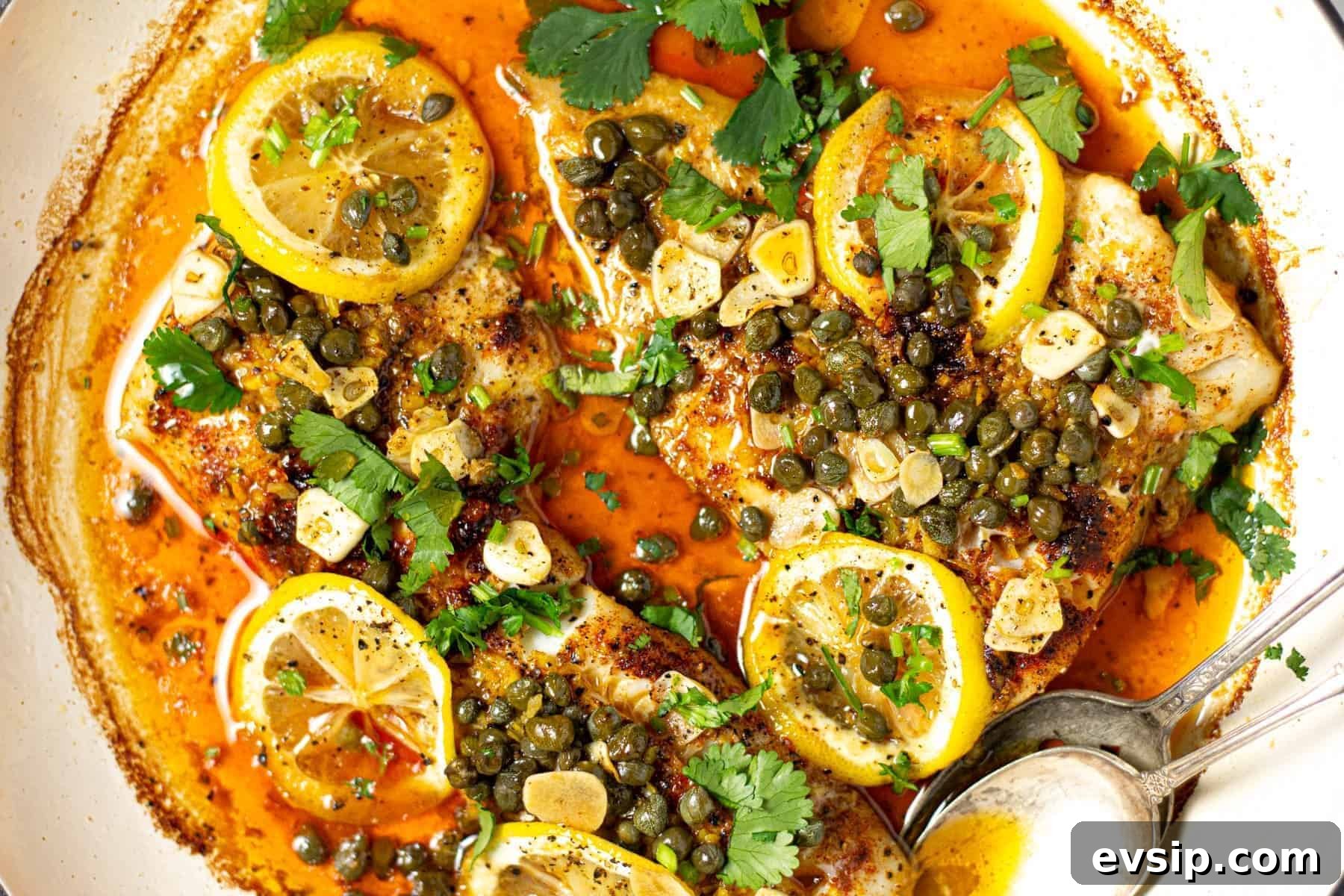 Overhead shot of a pot filled with baked Mediterranean cod garnished with fresh cilantro