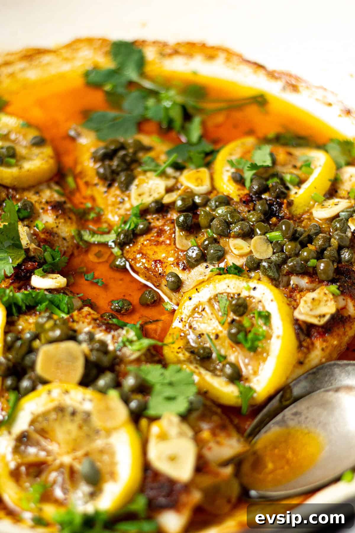 Close up shot of a pot filled with baked Mediterranean cod garnished with fresh cilantro
