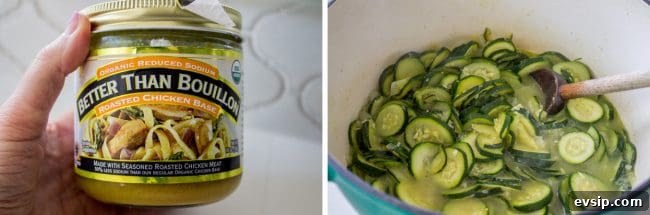 Creamy Zucchini Soup Topped with Crunchy Popcorn Garnish 7 Chicken Better than Bouillon base, cooking zucchini in broth.