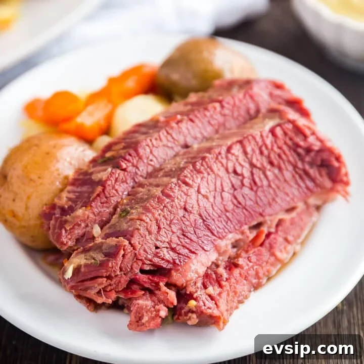 Corned beef and potatoes, cabbage and carrot on a white plate.
