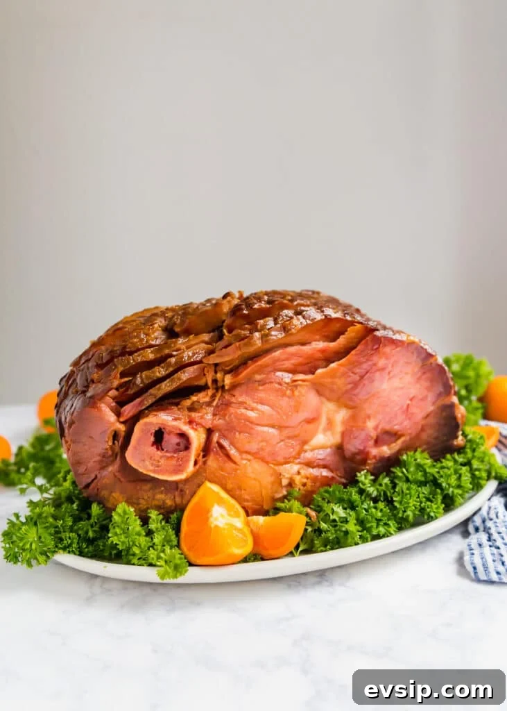 A straight on image of a spiral ham on a platter with oranges and parsley.