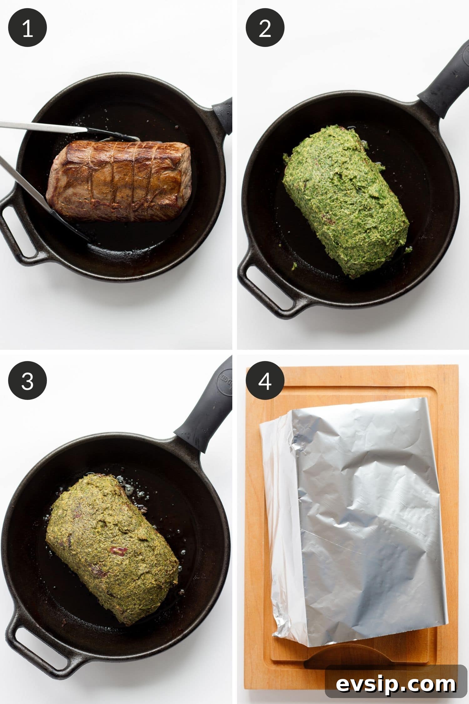 Process photo collage of steps showing how to make herb mustard crusted roast beef