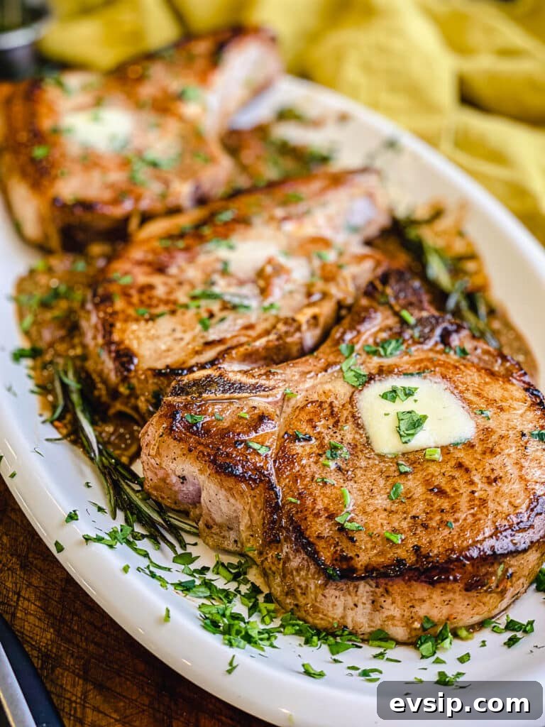 Pan-Seared Pork Chops with Rustic Sun-Dried Tomato Sauce 6 pan seared pork chops on a platter with a nice dark crust on the edge